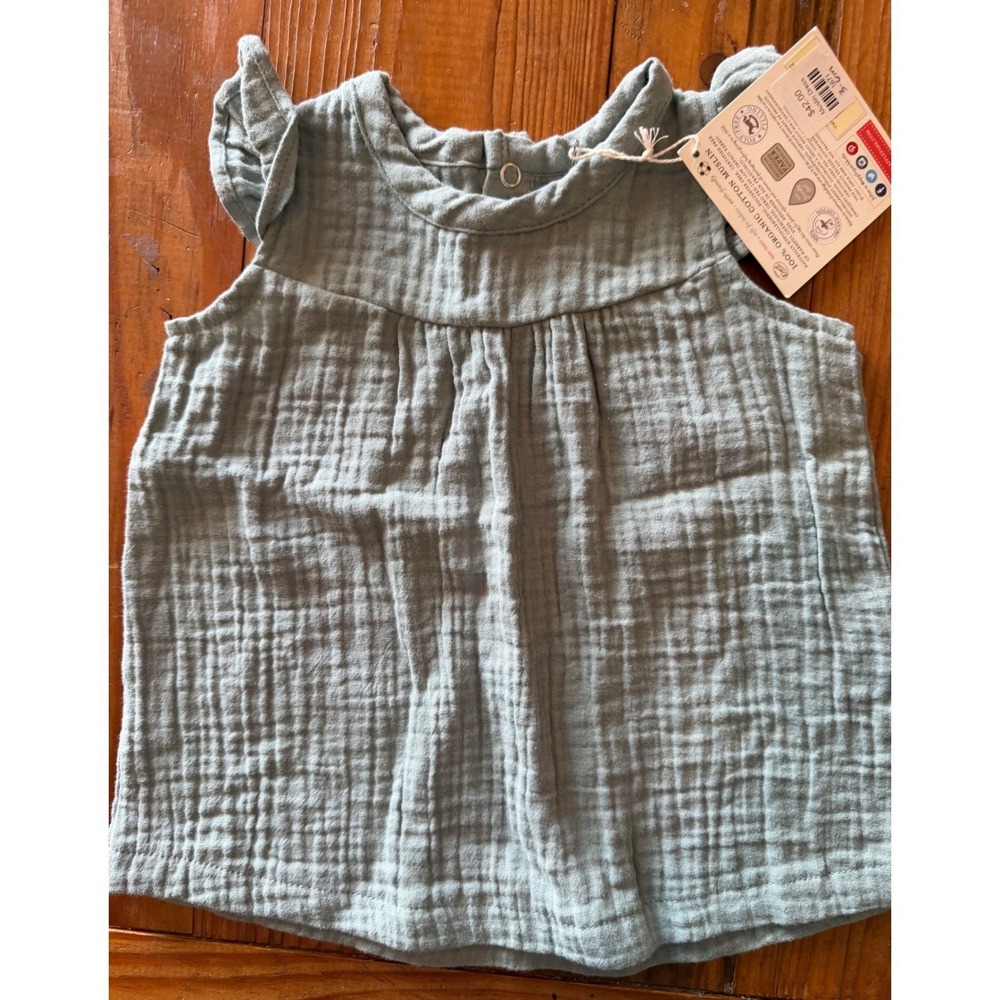 3-6m Apple Park NWT 100% Organic Cotton Muslin Sage Green Color Dress - Picture 4 of 6